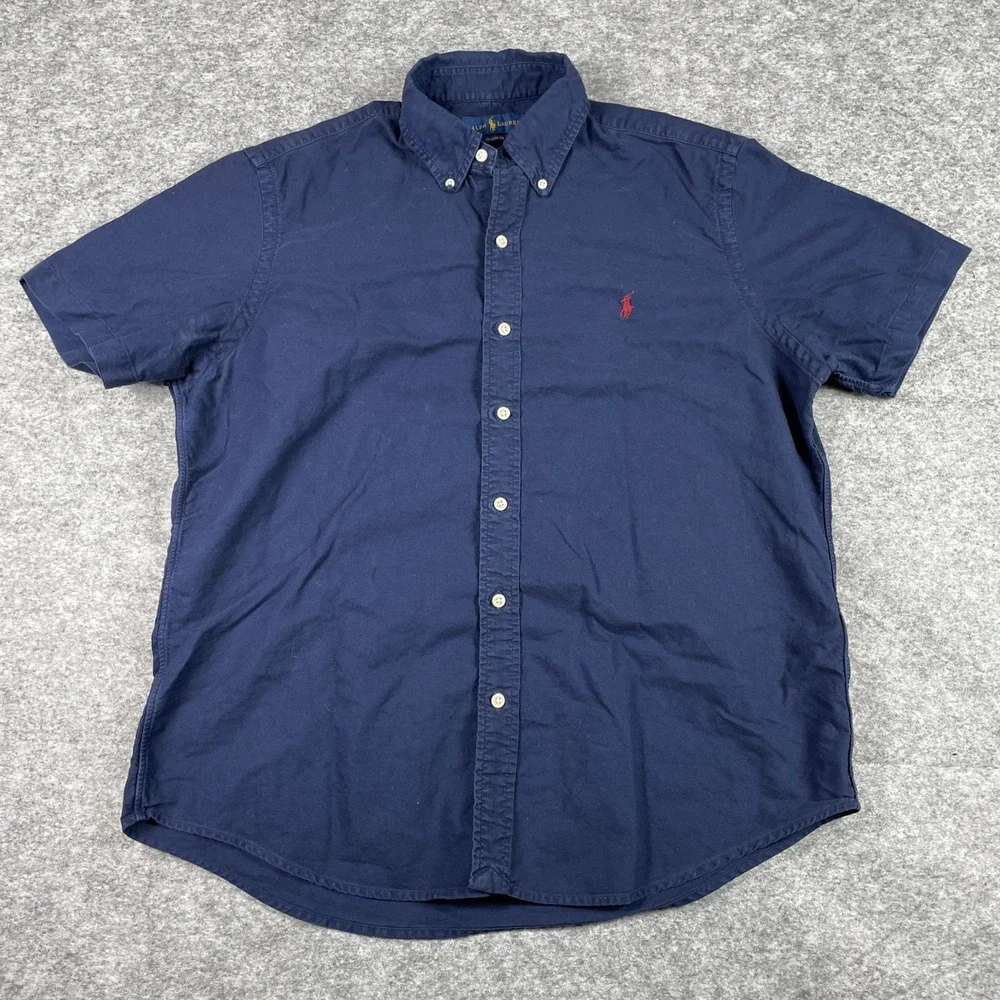 Ralph Lauren Button Down Shirt Mens L Navy Blue Classic Fit Short Sleeve Pony